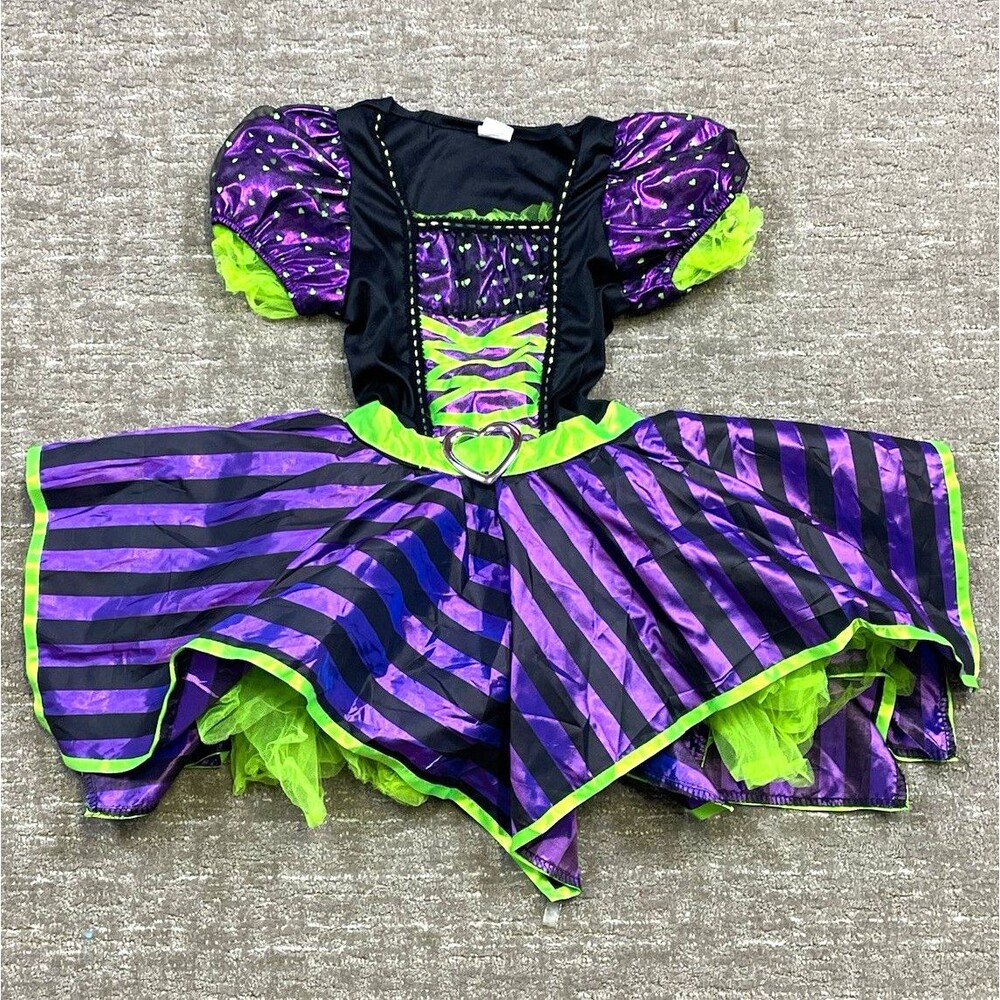 Girls Witch Costume Dress Purple Black Green Striped Halloween medium M 7/8